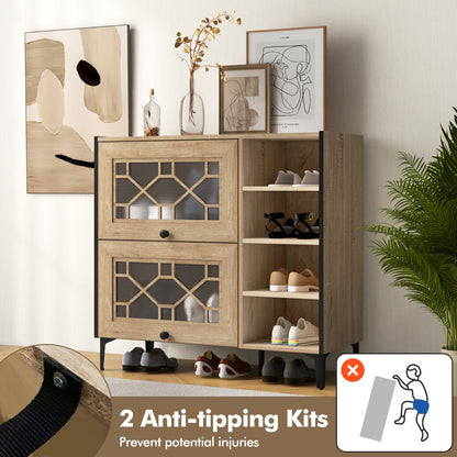 Freestanding Shoe Organizer with Flip Doors Adjustable Shelves-Oak