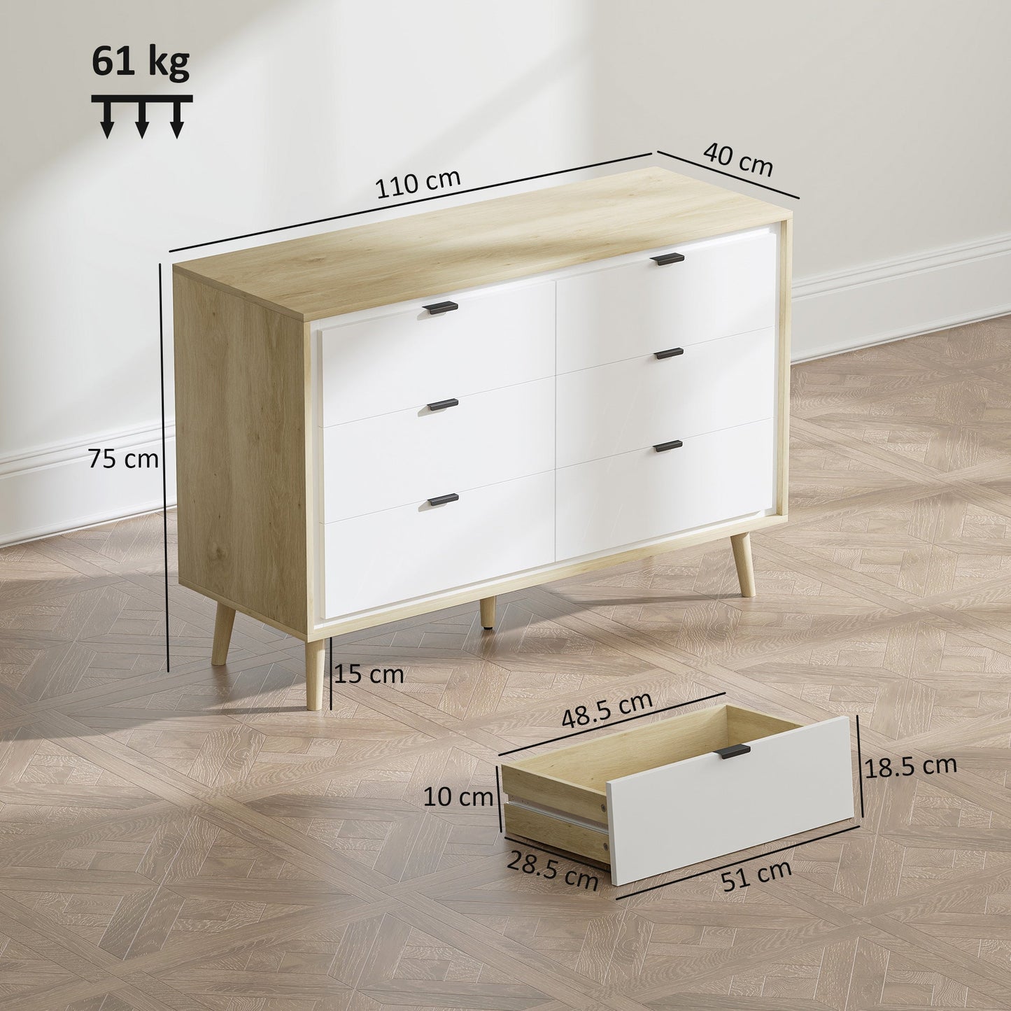 HOMCOM Storage Cabinet, Chest of Drawers with 6 Drawers and 5 Legs for Bedroom, High Gloss White