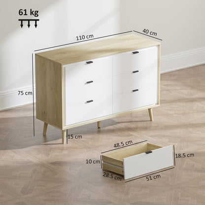 HOMCOM Storage Cabinet, Chest of Drawers with 6 Drawers and 5 Legs for Bedroom, High Gloss White