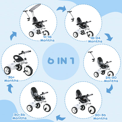 HOMCOM 6 in 1 Tricycle for Kids with 5-point harness straps, Removable Canopy, White
