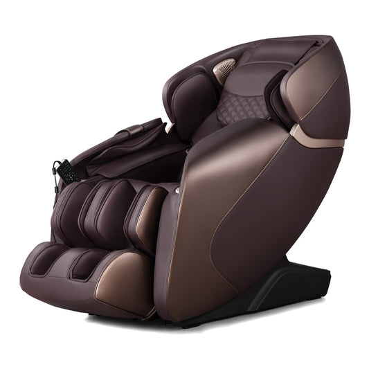 Full Body Electric Zero Gravity Massage Recliner in brown with a remote control in the armrest