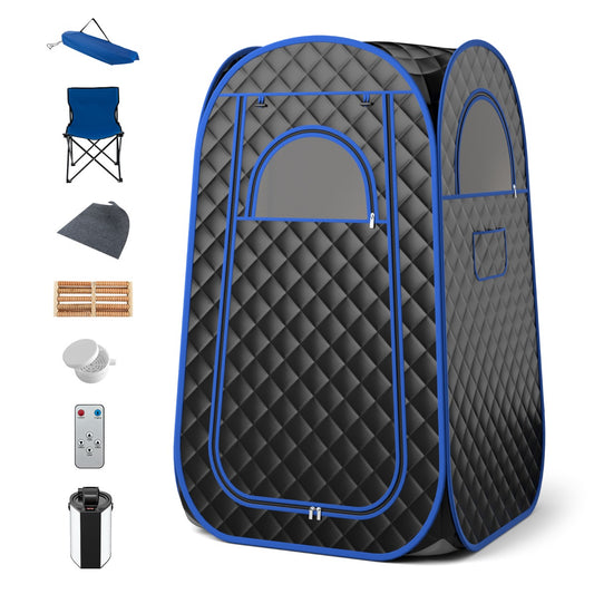 the black steam sauna tent standing next to the chair and steam generator components
