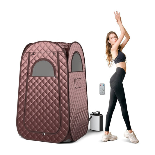 Full Body Steam Sauna Tent with a woman posing next to it and a steam generator