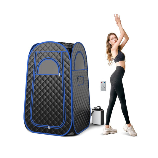 Full Body Steam Sauna Tent shown with a woman standing beside the black unit and steam generator