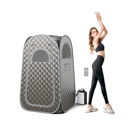 Full Body Steam Sauna Tent with a woman standing next to it and a steam generator