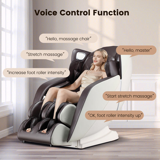 Woman using the electric shiatsu massage chair with voice control bubbles showing commands