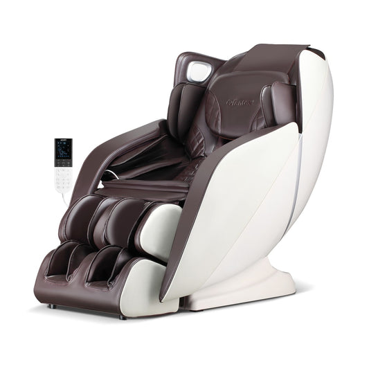 Full Body Zero Gravity SL Track Electric Shiatsu Massage Chair in brown and white with a remote control