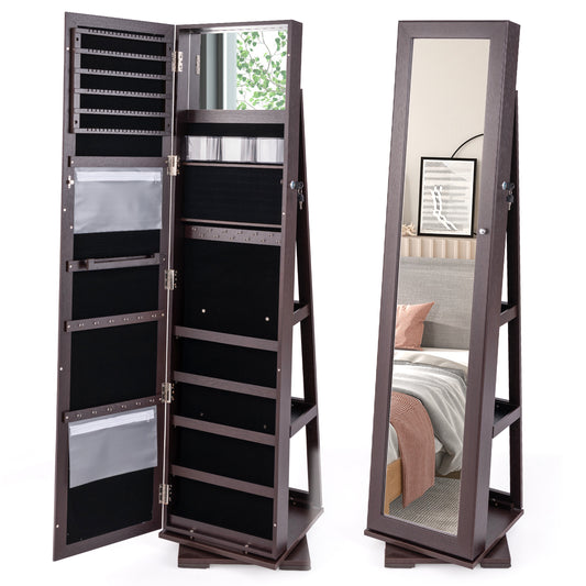 Full Length Mirrored Jewellery Cabinet Rotates 360° with Display Shelves-Coffee, open and closed views