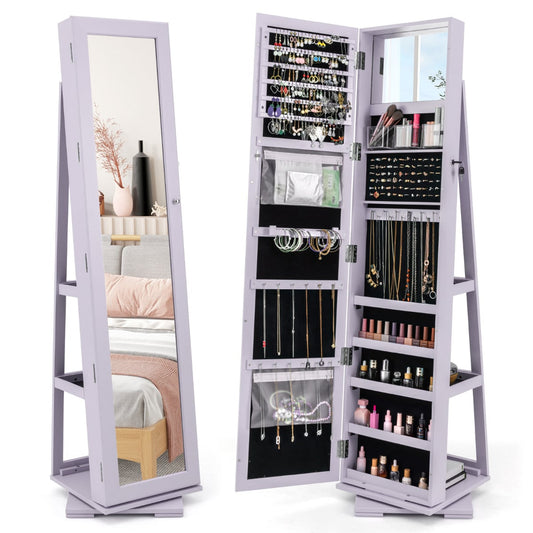 Full Length Mirrored Jewellery Cabinet Rotates 360° shown closed and open with storage compartments