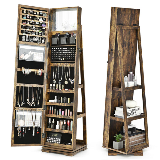 Full Length Mirrored Jewellery Cabinet Rotates 360° with open display shelves in rustic brown
