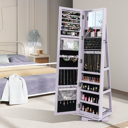The jewellery armoire standing in a bedroom with the door open to reveal internal storage