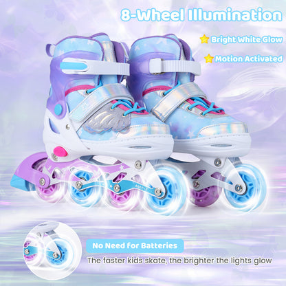 The toy sports skates with text explaining how the wheels light up without using batteries