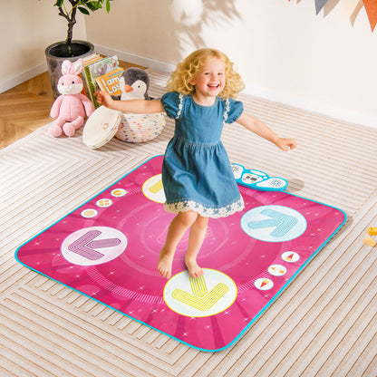 A young girl in a blue dress happily dances on the musical instrument in a bright room