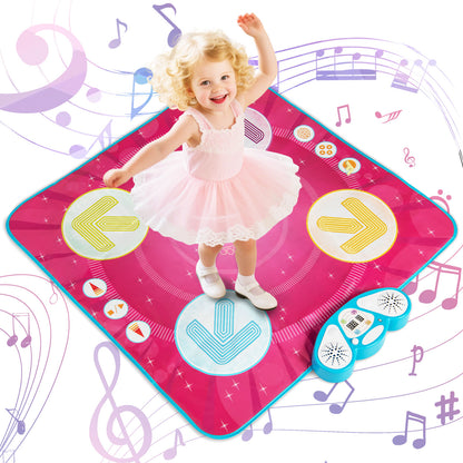 A little girl in a pink tutu dances on the musical instrument with musical notes around