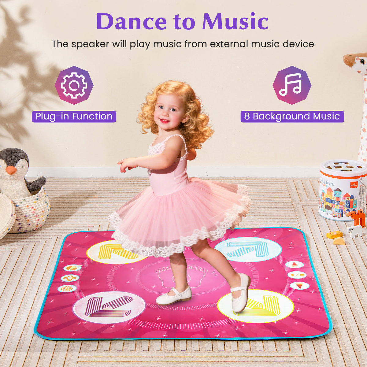 A young girl dances on the musical instrument which has 8 background music options