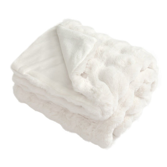 Fuzzy Plush Rabbit Fur Bubble Blanket folded neatly to show the soft texture and white colour
