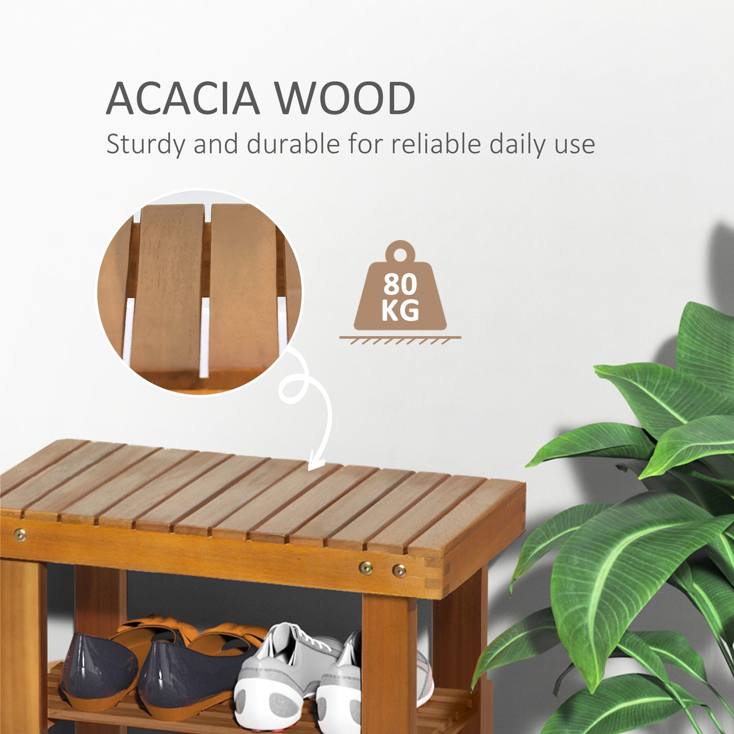 HOMCOM Acacia Wood Shoe Bench, 3-Tier Shoe Storage Rack, Hallway Organizer Shelf, for Entryway, Living Room, Bedroom, 50 x 28 x 45 cm, Teak