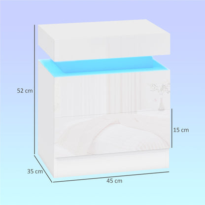 HOMCOM White Bedside Table with LED Light, High Gloss Front Nightstand with 2 Drawers, for Living Room, Bedroom, Set of 2