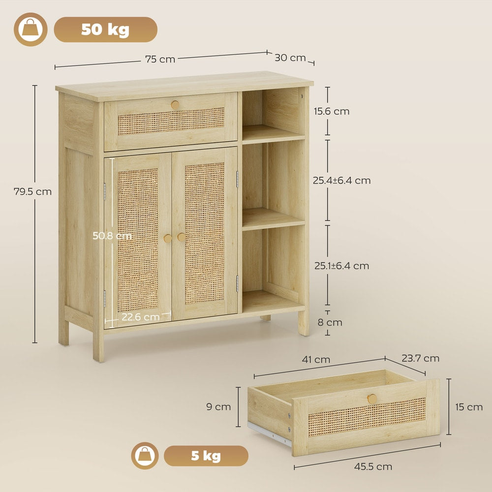 HOMCOM Rattan Sideboard Cabinet with Drawer 2 Doors Adjustable Shelves Kitchen Storage 75 x 30 x 79.5 cm Natural Wood Effect