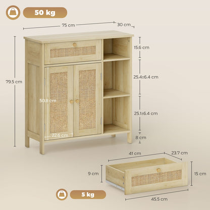 HOMCOM Rattan Sideboard Cabinet with Drawer 2 Doors Adjustable Shelves Kitchen Storage 75 x 30 x 79.5 cm Natural Wood Effect