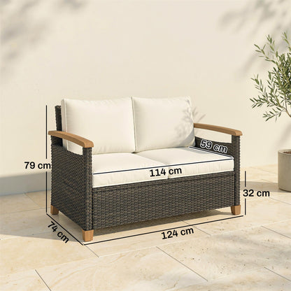 Outsunny 2 Seater Rattan Garden Sofa, Outdoor Sofa with Thickened Cushions and Acacia Wood Armrests, Brown