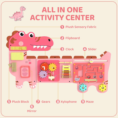 AIYAPLAY Busy Board Panels, Wall Mounted Montessori Inspired Busy Board, Toddler Learning Centre Dinosaur Theme, Pink