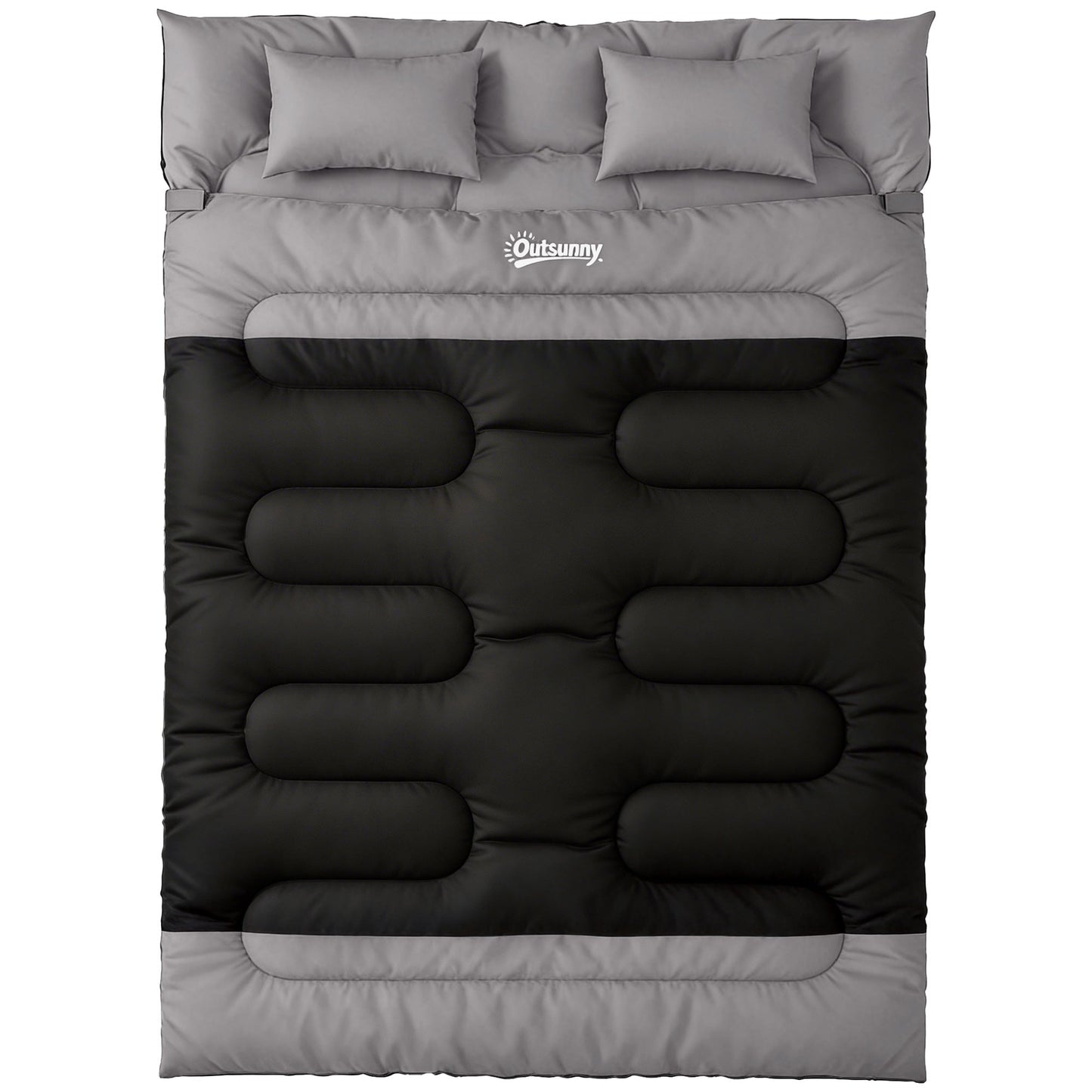 Outsunny Double Sleeping Bag with 2 Pillows, 220 x 160 cm Extra-Large Sleeping Bag for Adults, Black and Grey