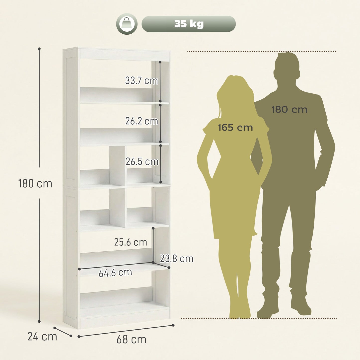HOMCOM Bookcase, 6-Tier Bookshelf with Open Storage Shelves, Cubes, 180 cm Tall Display Shelf with Anti-Tipping Design, White