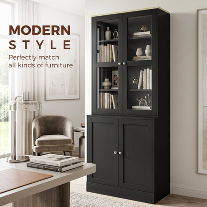 HOMCOM Modern Bookcase Display Storage Unit with Glass Doors Adjustable Shelves, Black