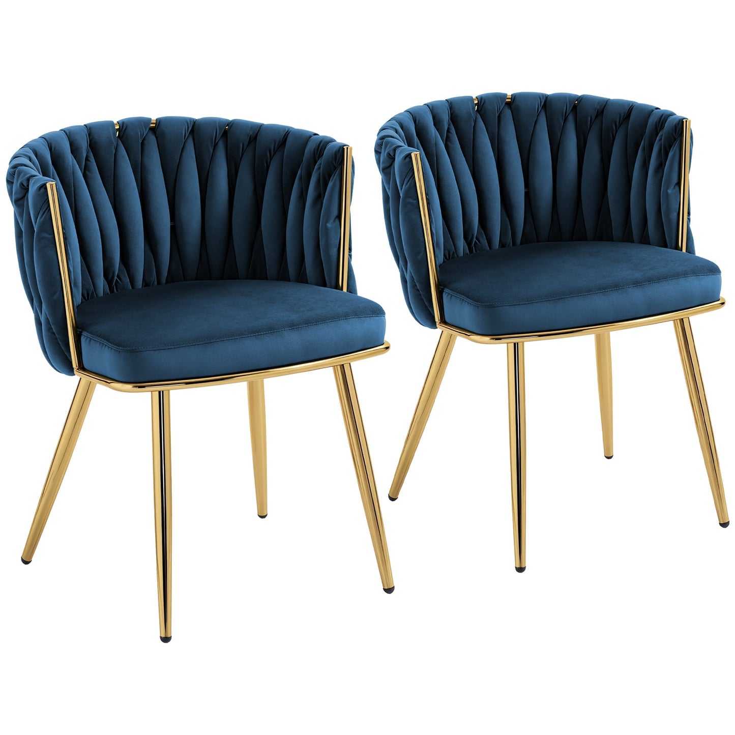 HOMCOM Velvet-Feel Dining Chairs Set of 2, Modern Upholstered Armchair with Knot Design and Golden Metal Legs, Accent Chair for Dining Room, Bedroom, Kitchen, Living Room, Dark Blue