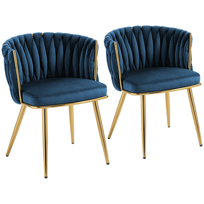 HOMCOM Velvet-Feel Dining Chairs Set of 2, Modern Upholstered Armchair with Knot Design and Golden Metal Legs, Accent Chair for Dining Room, Bedroom, Kitchen, Living Room, Dark Blue