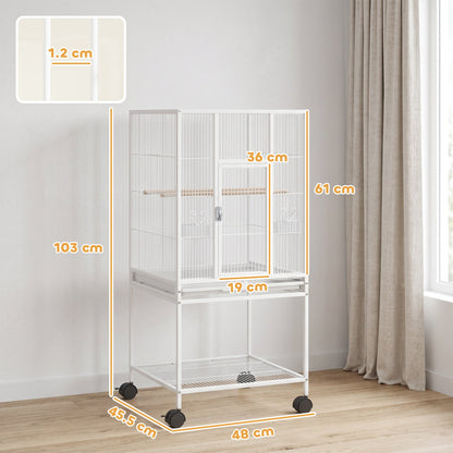 PawHut Bird Cage Detachable with Rolling Stand Parrot Cage with Storage Shelf White