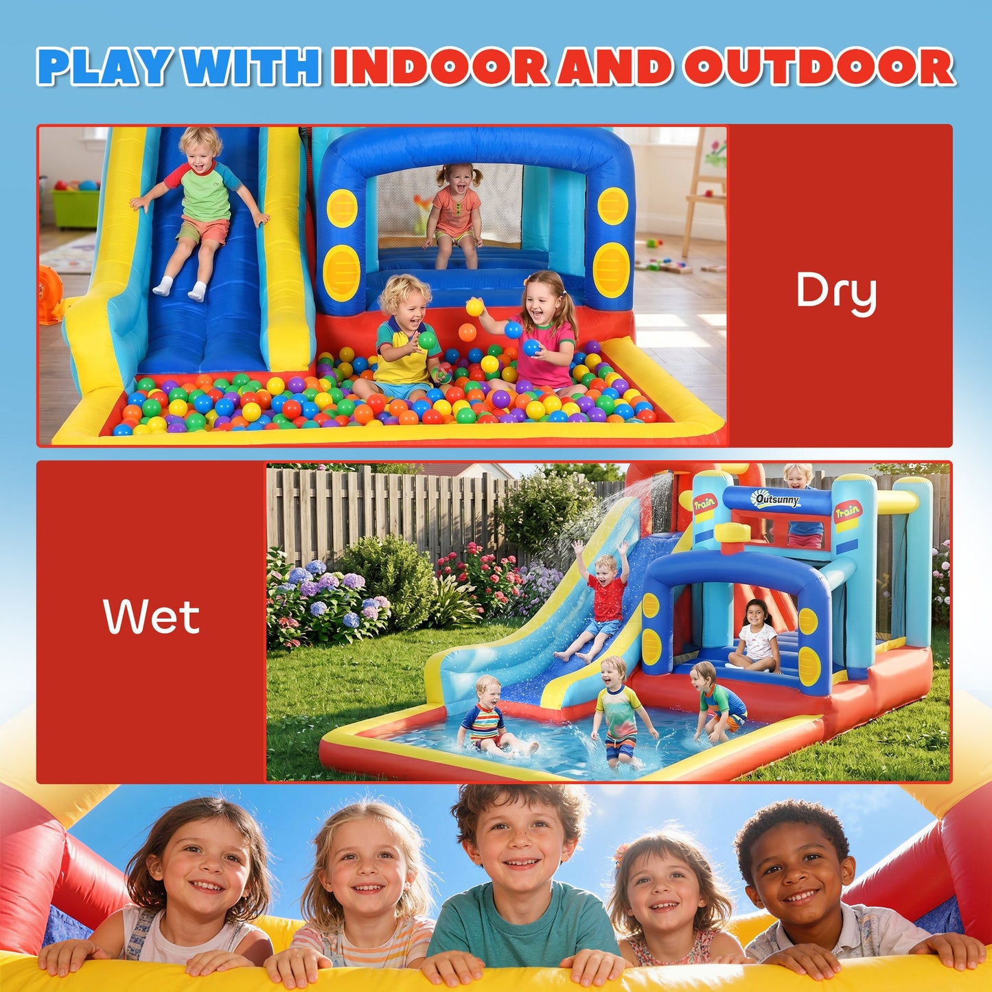 Outsunny 4-in-1 Bouncy Castle, with Slide, Trampoline, Climbing Wall, Blower, Multicoloured