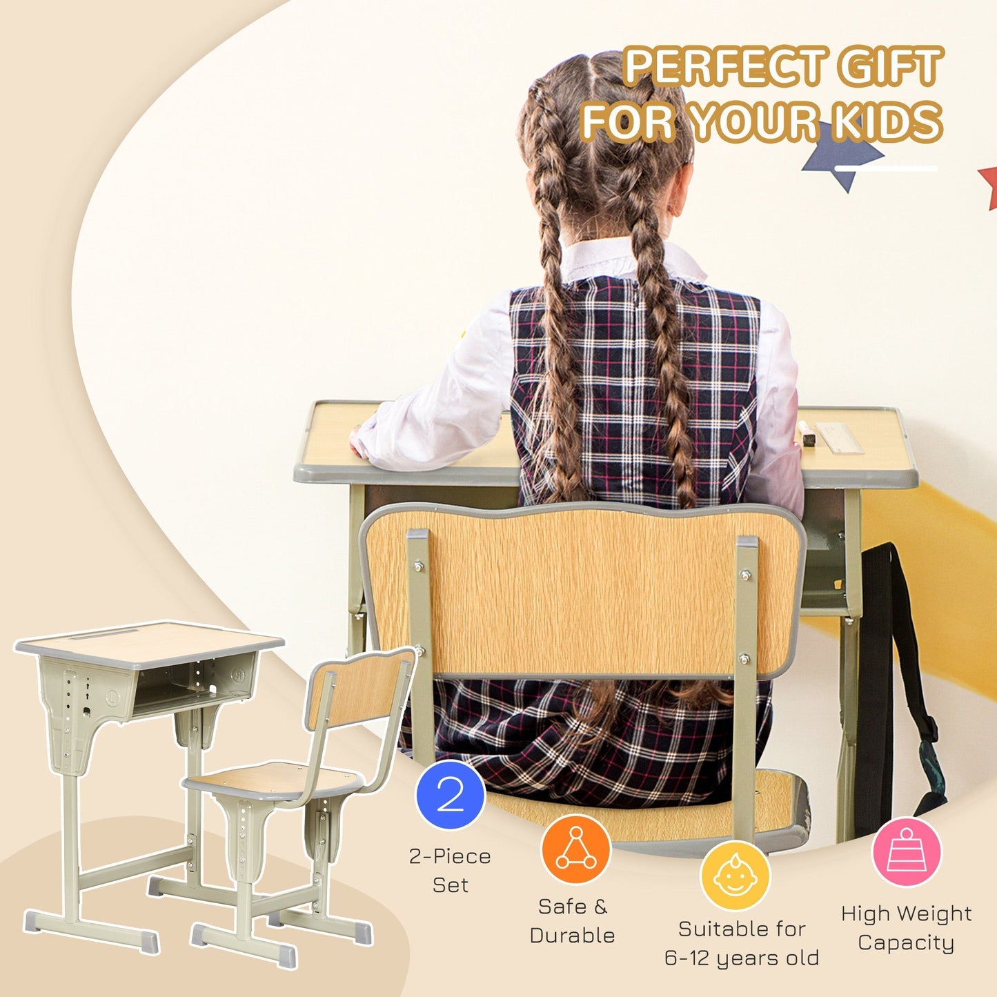 HOMCOM Height Adjustable Kids Desk and Chair Set with Storage Compartment, Bag Hook and Pen Holder, for 6-12 Years, Grey