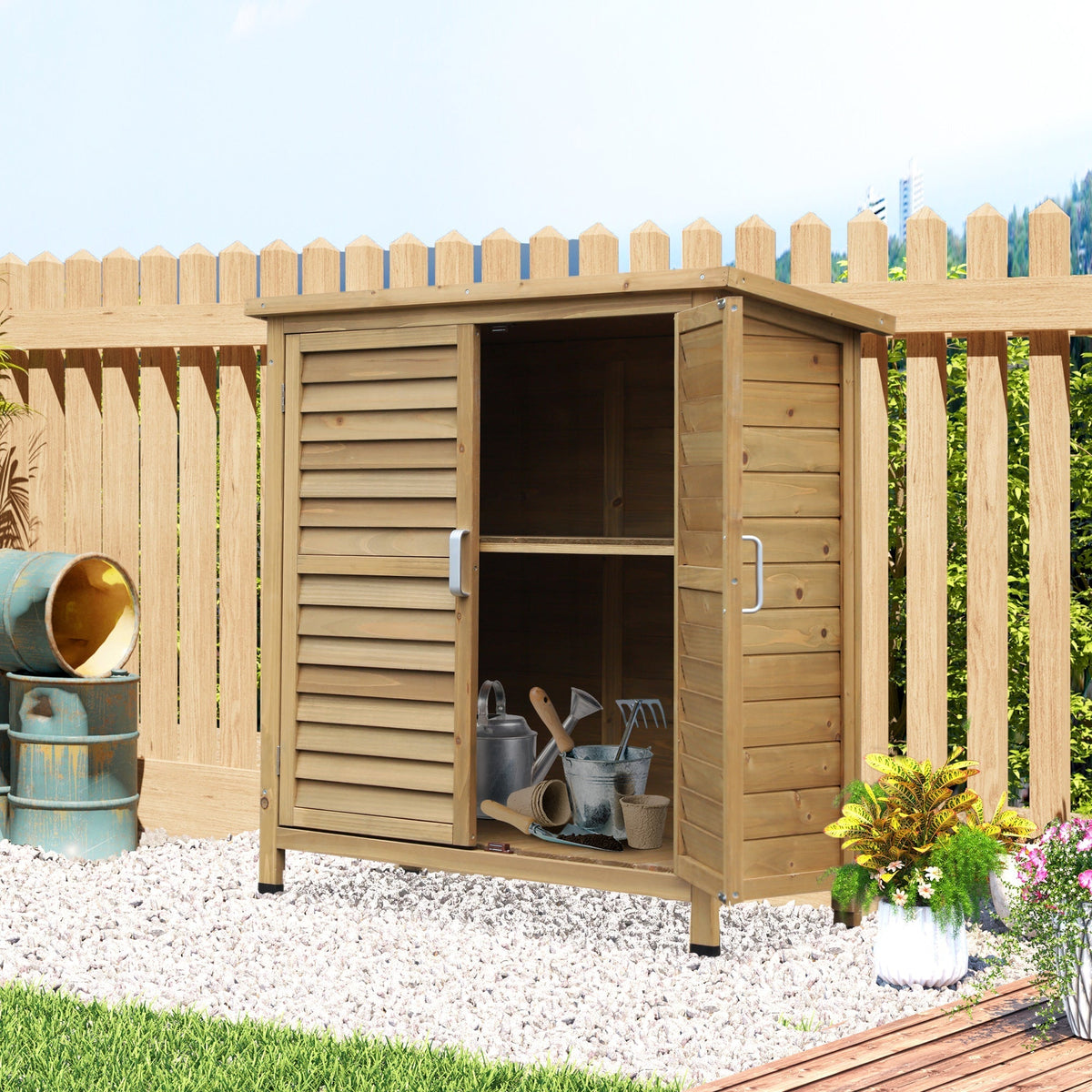 Outsunny Garden Shed سقيفة حديقة خشبية لتخزين الأدوات ببابين من خشب التنوب الصلب، خزانة تنظيم أدوات الجراج، 87 طول × 46.5 عرض × 96.5 ارتفاع سم، لون خشبي طبيعي