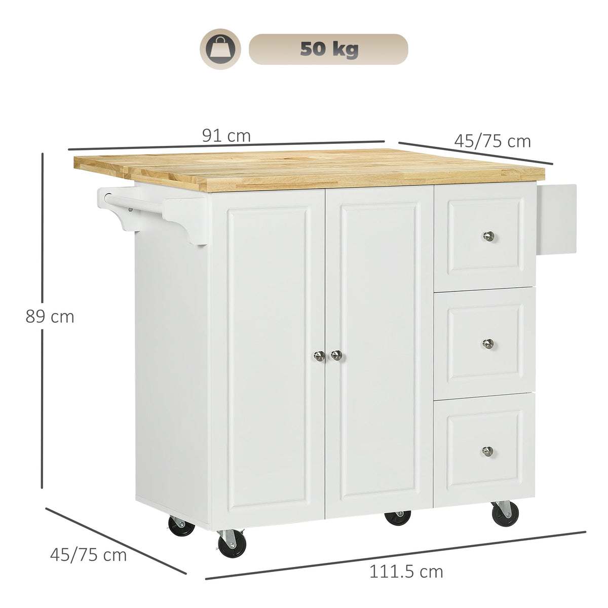 HOMCOM Drop-Leaf Kitchen Island on Wheels with Extendable Rubber Wood Worktop, Rolling Kitchen Storage Trolley, Utility Storage Cart with Drawers & Cabinet for Kitchen, Dining & Living Room, White