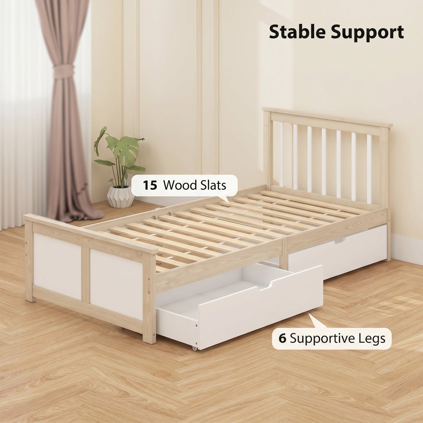 HOMCOM Pine Storage Bed, 3ft Single Solid Wooden Bed Frame with Drawers, Headboard, Wood Slat Support, Natural Wood Finish