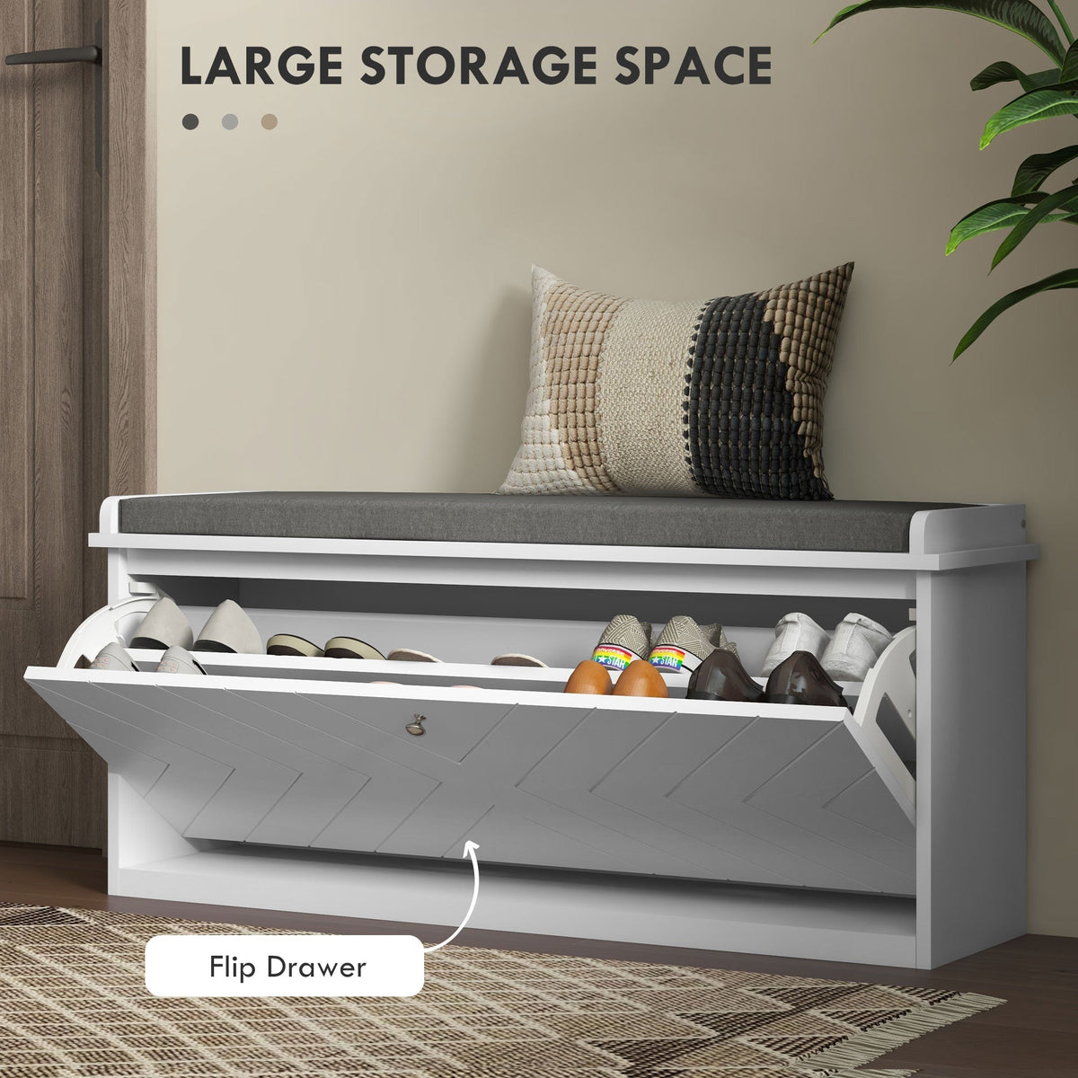 HOMCOM 10-Shoe Storage Bench, with Padded Top Seat - White/Grey