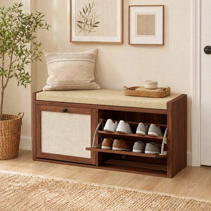 HOMCOM Rattan Shoe Bench with Padded Cushion and 2 Cabinets for Hidden Storage, Brown