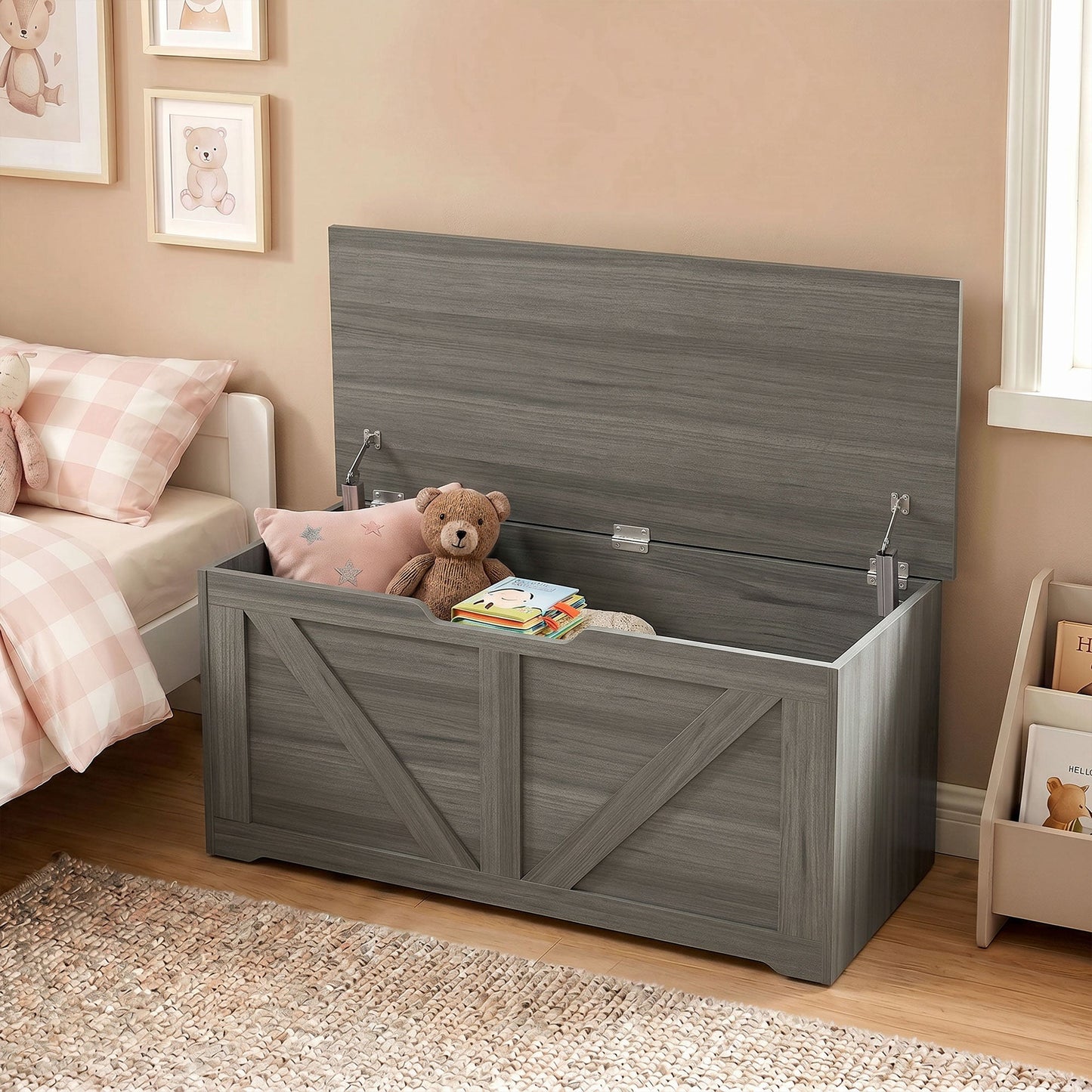HOMCOM 127L Home Storage Box, with Safety Hinges - Dark Grey Wood-Effect
