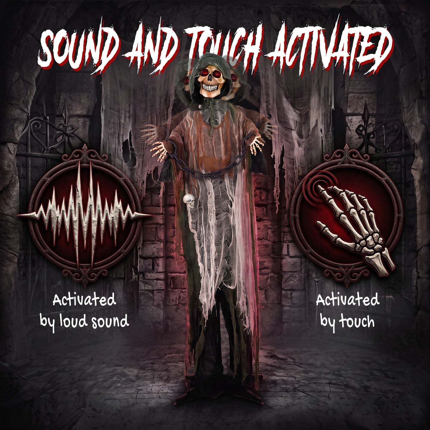 HOMCOM 170cm Animated Grim Reaper, Life-Size Halloween Animatronic with Moving Hands/Head, Glowing Eyes, Creepy Sound