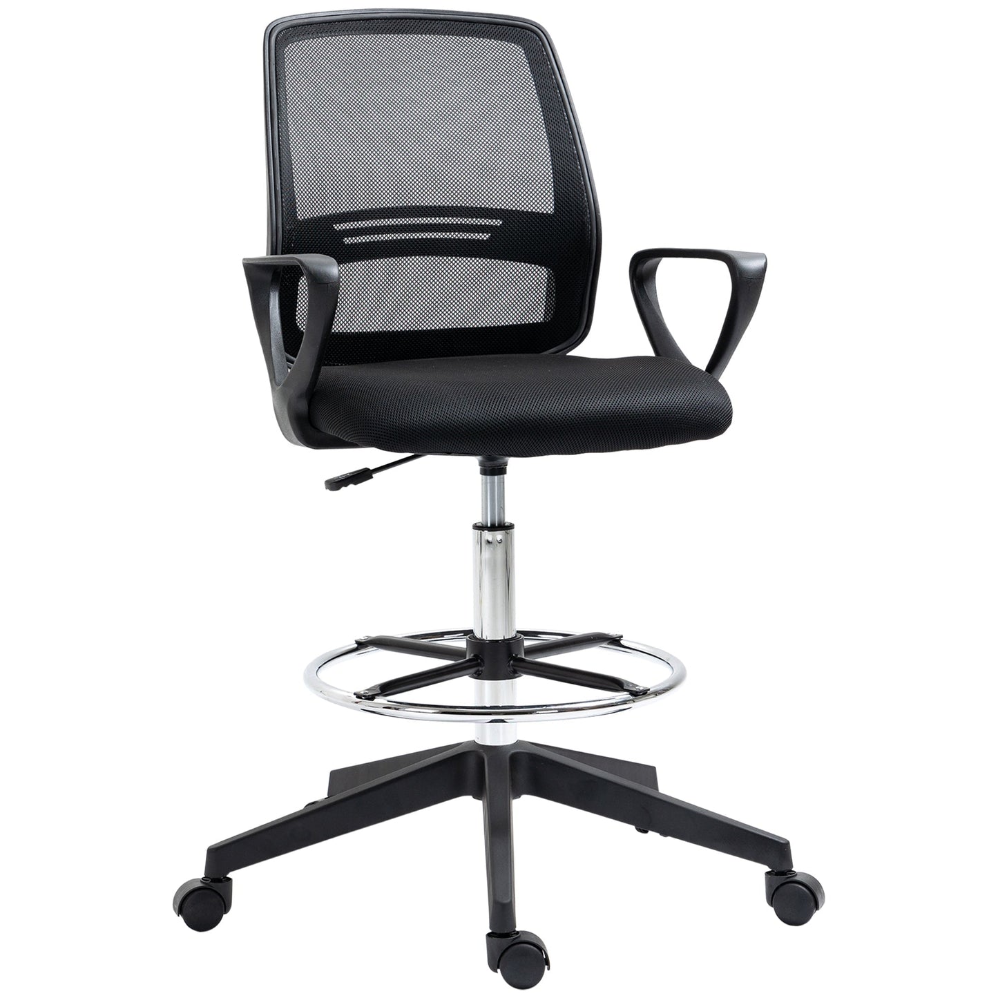 Vinsetto Drafting Chair, Ergonomic Tall Office Chair with Mesh Back, Lumbar Support, Adjustable Height and Foot Ring, Swivel Wheels, for Standing Desk, Black