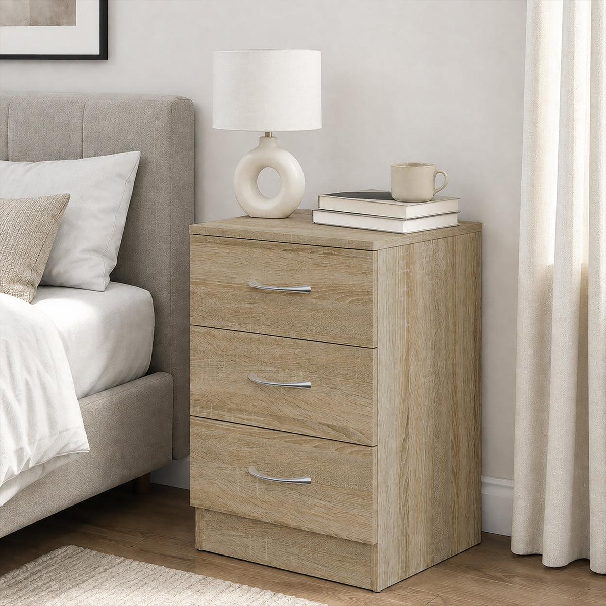 HOMCOM Three-Drawer Simple Bedside Table in Oak