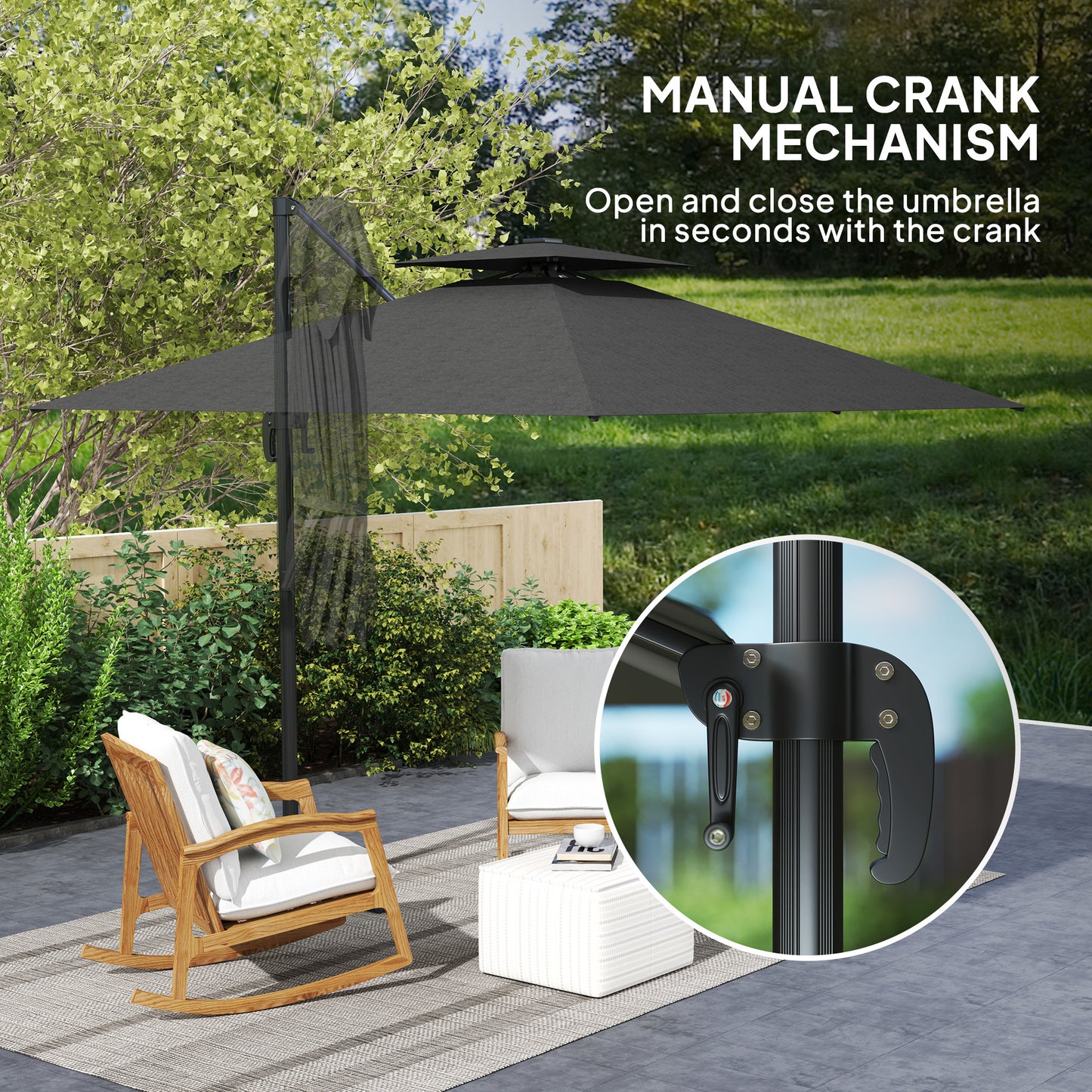 Outsunny 2.5m Cantilever Parasol with Solar Powered LED Lights, 360√Ç¬∞ Rotation, Tilt Adjustment, Crank Handle, Dark Grey