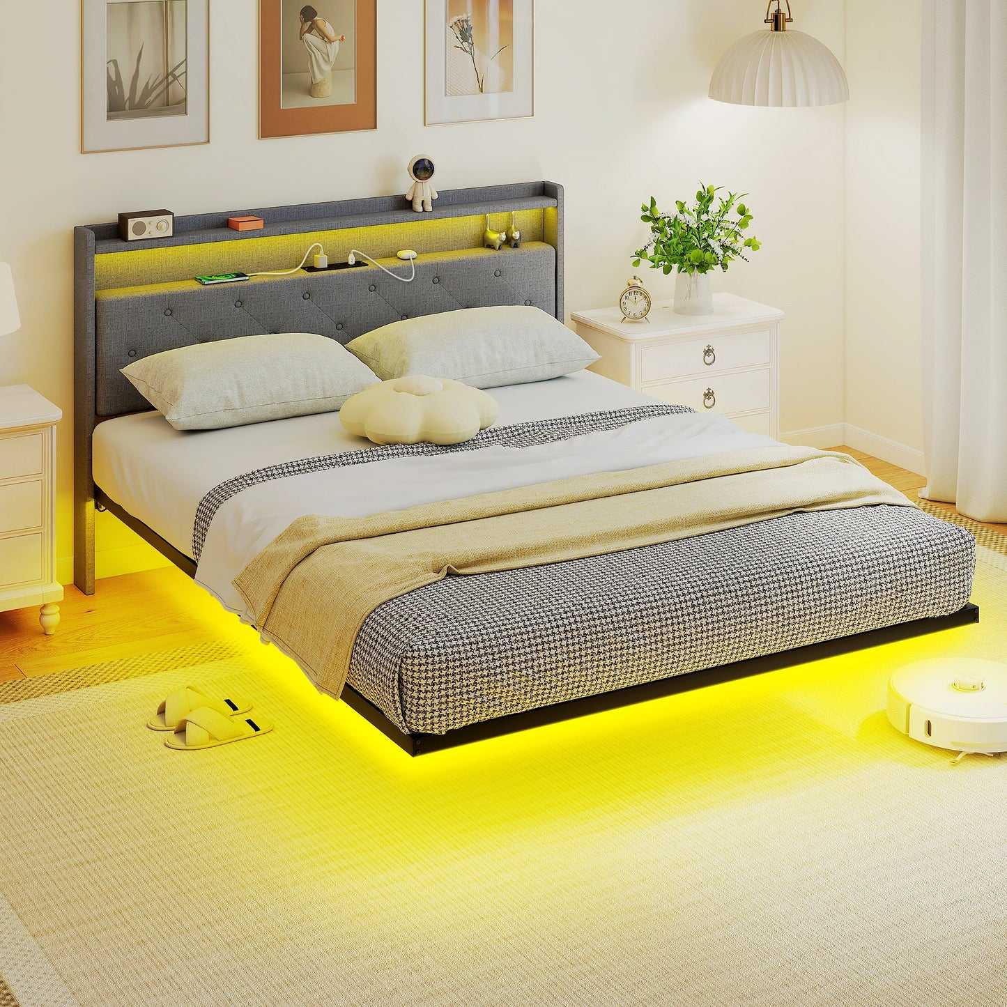 إطار سرير HOMCOM عائم، سرير بحجم كينج 5 قدم منجد، سرير منصة مع أضواء LED RGB ومحطة شحن، رمادي