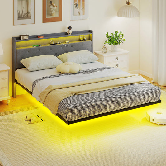 إطار سرير HOMCOM عائم، سرير بحجم كينج 5 قدم منجد، سرير منصة مع أضواء LED RGB ومحطة شحن، رمادي