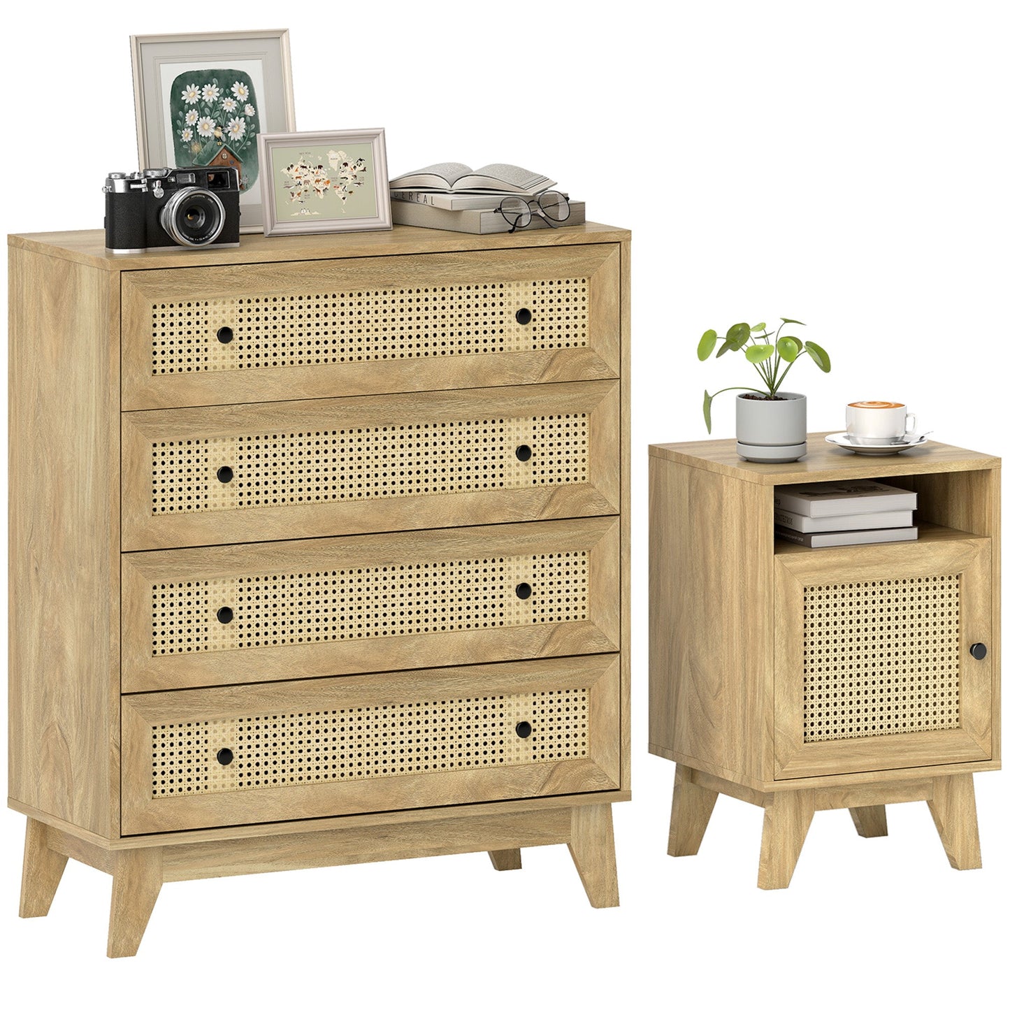 HOMCOM Chest of Drawer with 4 Rattan Drawers, Beside Table with Door, Natural
