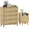 HOMCOM Chest of Drawer with 4 Rattan Drawers, Beside Table with Door, Natural