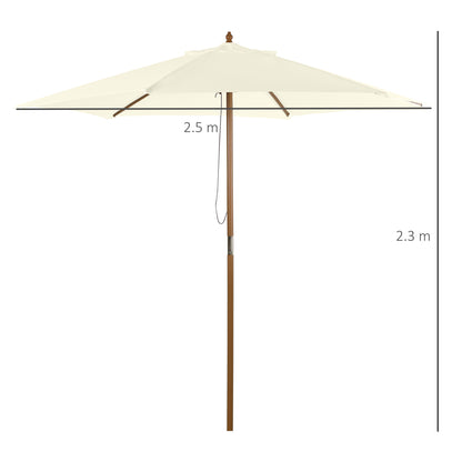 Outsunny 2.5m Patio Umbrella, Wood Garden Parasol, Sun Shade with 6 Ribs and Top Vent for Outdoor, White
