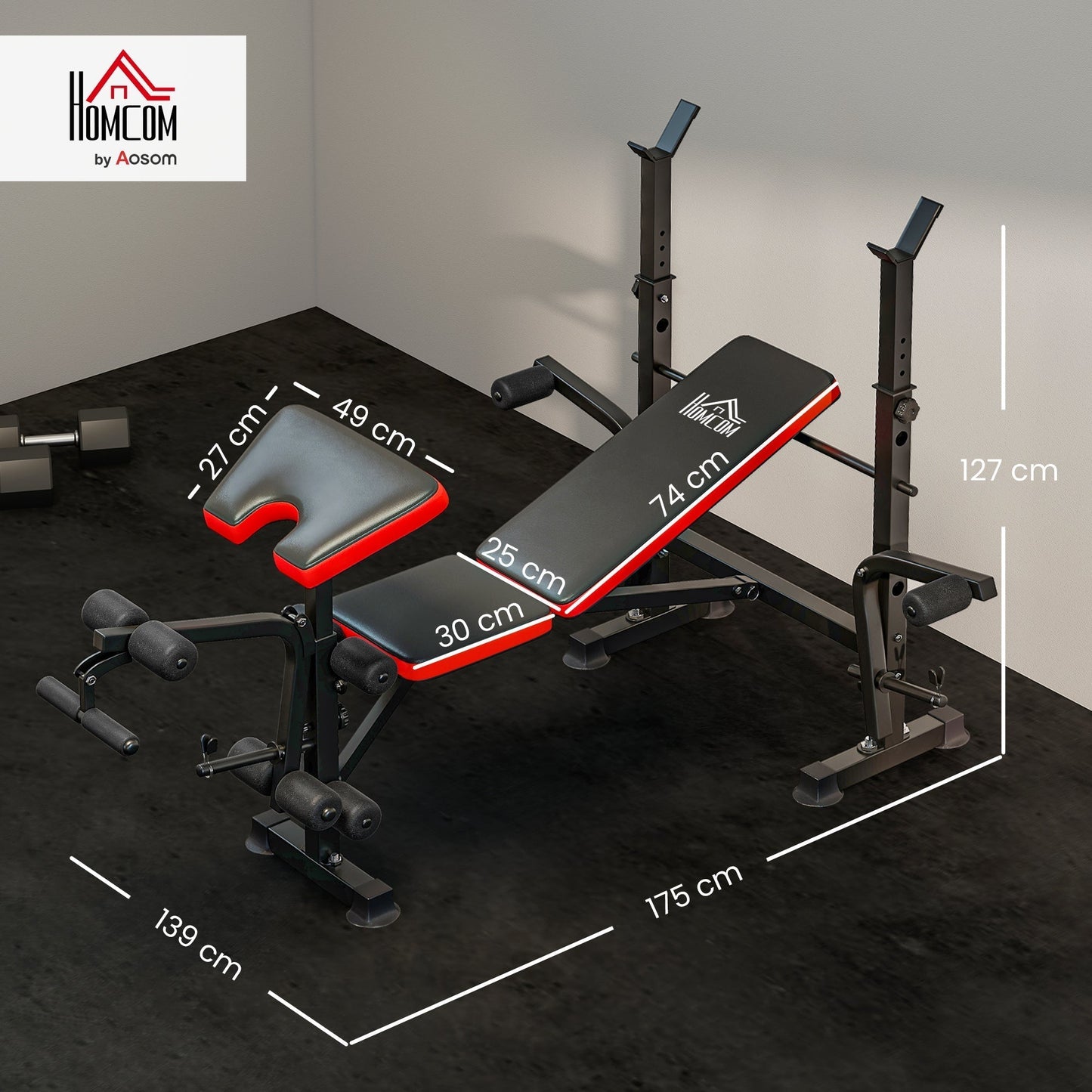HOMCOM Adjustable Weight Bench with Leg Extension, Barbell Rack, Preacher Curl Pad, Butterfly, Multi-Function Home Gym Bench for Strength Training, Red
